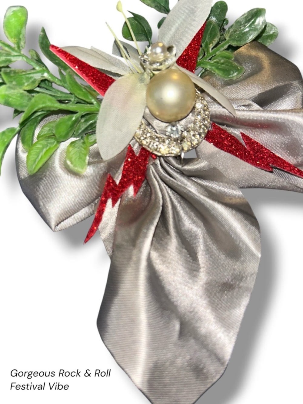 UpCycled Statement Hair Bow Barrette Red Silver Pearl Rhinestone Floral Glam Fun - Picture 4 of 10